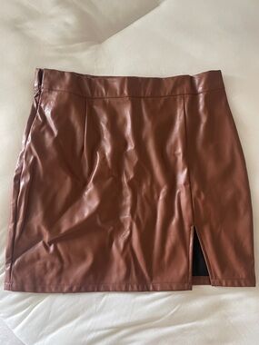 SHEIN Brown Faux Leather Mini Skirt with Front Slit